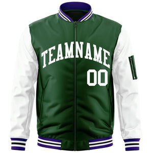 Custom Green-White Varsity Full-Zip Raglan Sleeves Letterman Bomber Jacket