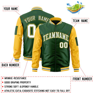 Custom Green White-Gold Varsity Full-Zip Raglan Sleeves Letterman Bomber Jacket