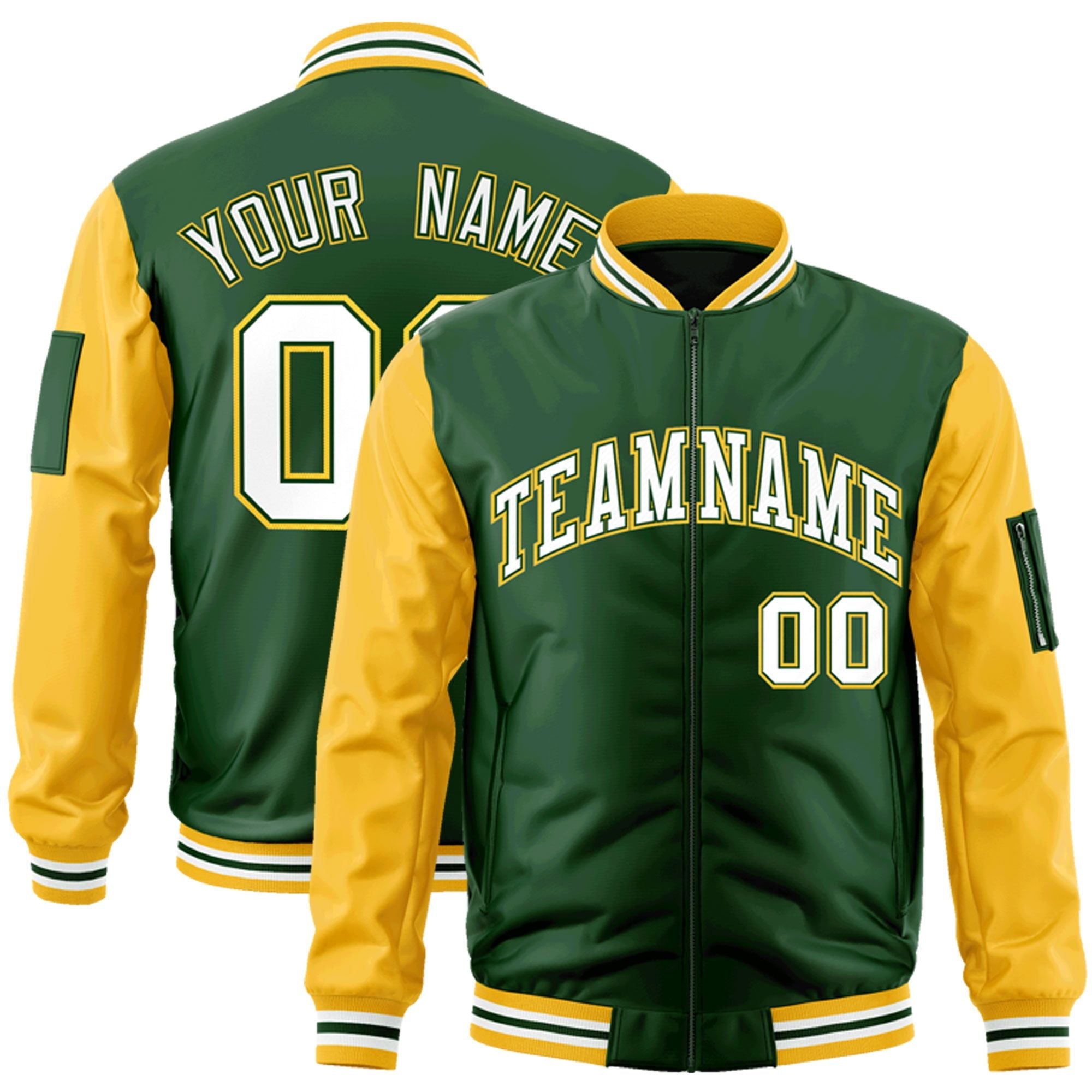 Custom Green White-Gold Varsity Full-Zip Raglan Sleeves Letterman Bomber Jacket