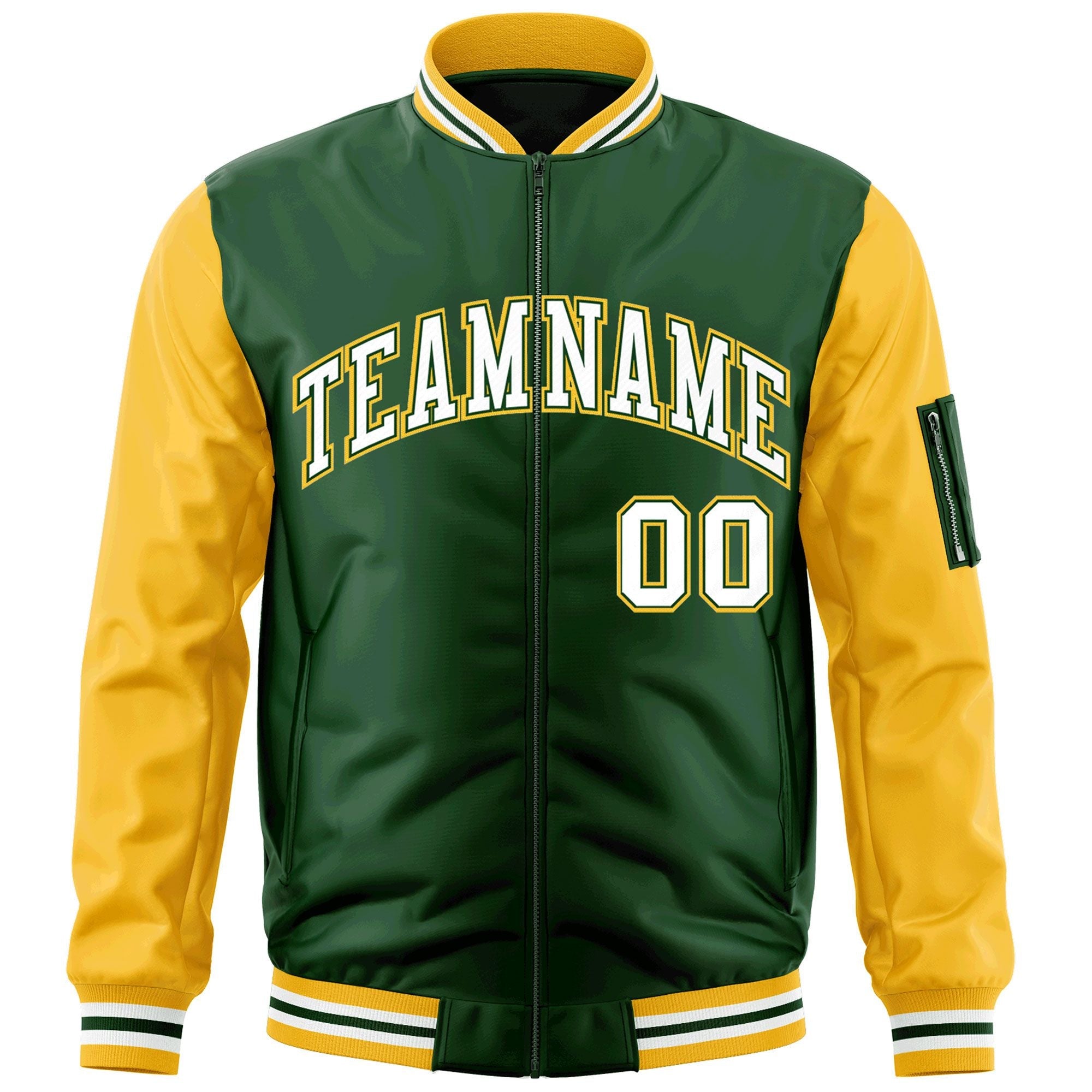 Custom Green White-Gold Varsity Full-Zip Raglan Sleeves Letterman Bomber Jacket