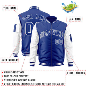 Custom Royal White-Gray Varsity Full-Zip Raglan Sleeves Letterman Bomber Jacket