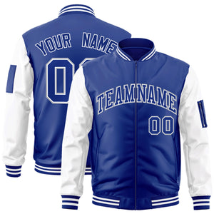 Custom Royal White-Gray Varsity Full-Zip Raglan Sleeves Letterman Bomber Jacket