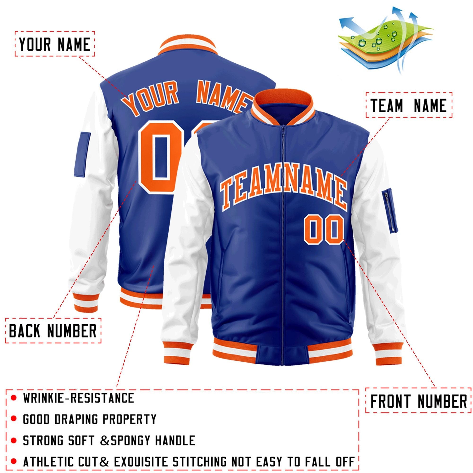 Custom Royal Orange-White Varsity Full-Zip Raglan Sleeves Letterman Bomber Jacket