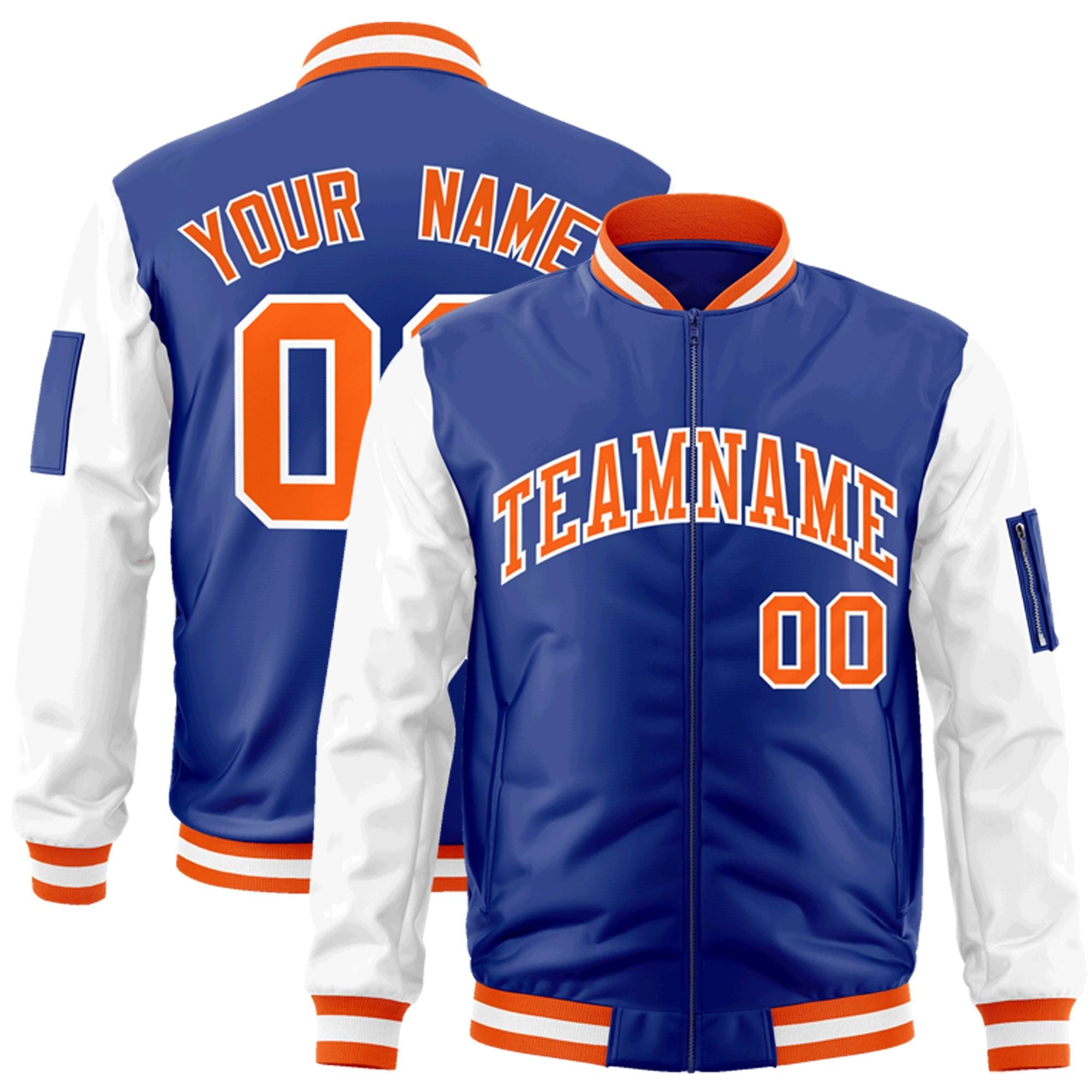 Custom Royal Orange-White Varsity Full-Zip Raglan Sleeves Letterman Bomber Jacket