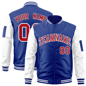 Custom Royal Red-White Varsity Full-Zip Raglan Sleeves Letterman Bomber Jacket