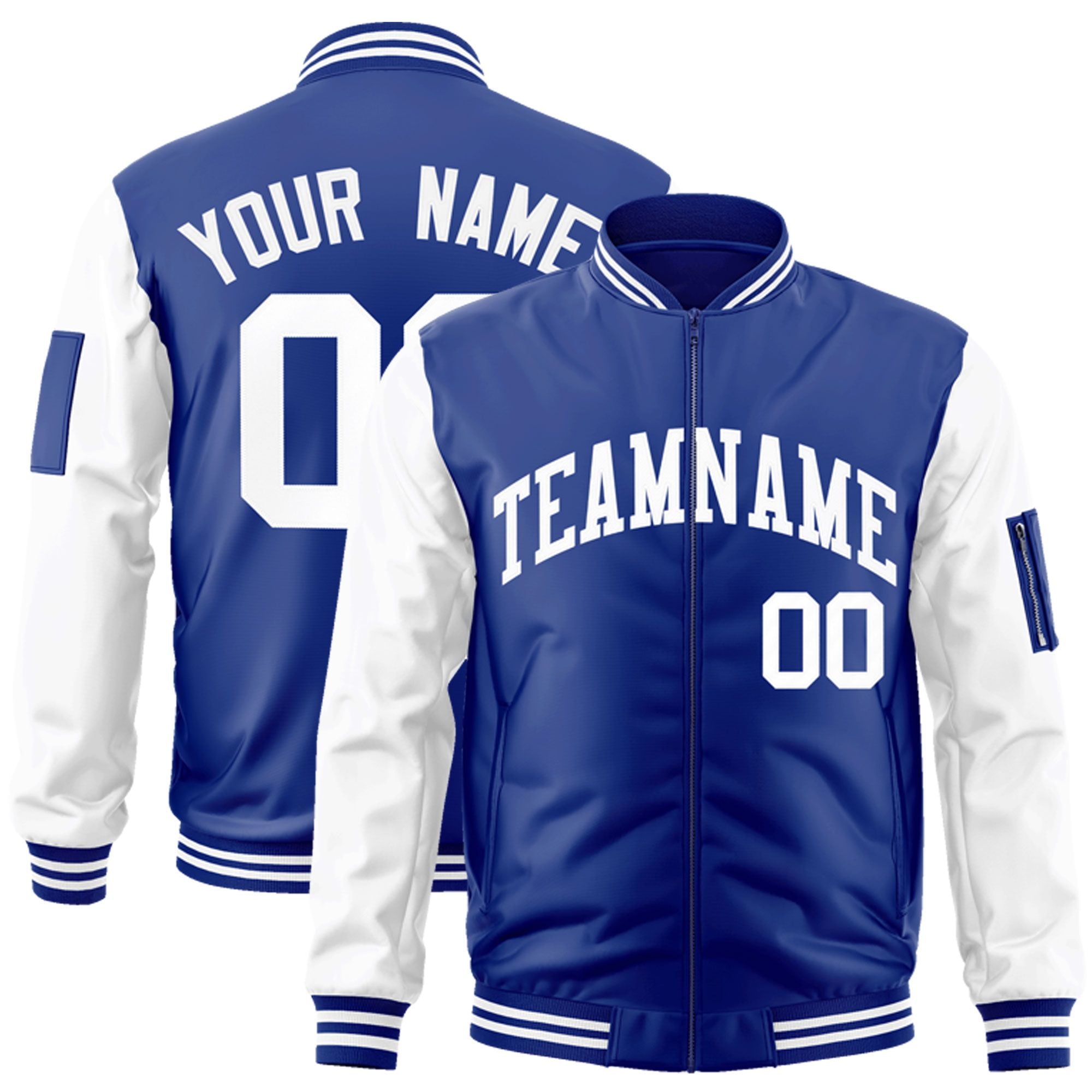 Custom Royal White Varsity Full-Zip Raglan Sleeves Letterman Bomber Jacket