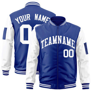 Custom Royal White Varsity Full-Zip Raglan Sleeves Letterman Bomber Jacket