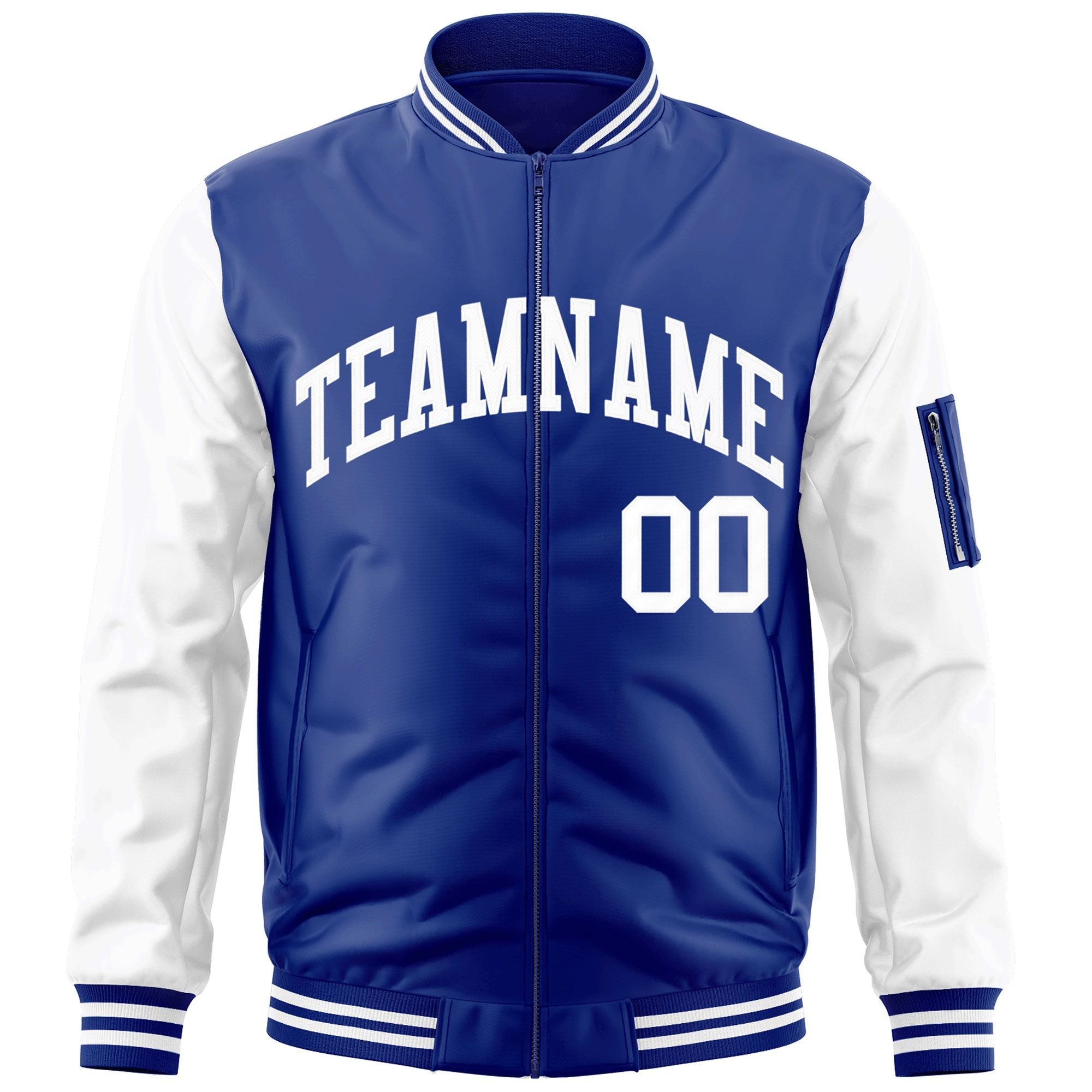 Custom Royal White Varsity Full-Zip Raglan Sleeves Letterman Bomber Jacket