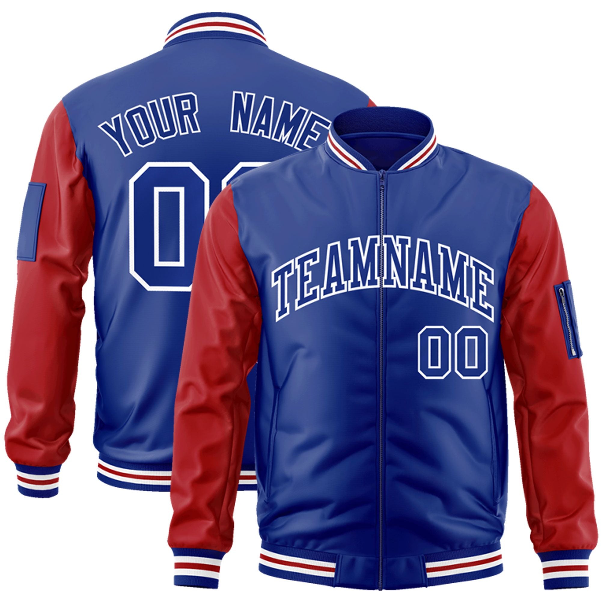 Custom Royal Red-White Varsity Full-Zip Raglan Sleeves Letterman Bomber Jacket