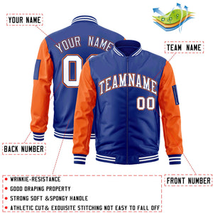 Custom Royal White-Orange Varsity Full-Zip Raglan Sleeves Letterman Bomber Jacket