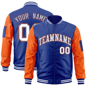 Custom Royal White-Orange Varsity Full-Zip Raglan Sleeves Letterman Bomber Jacket