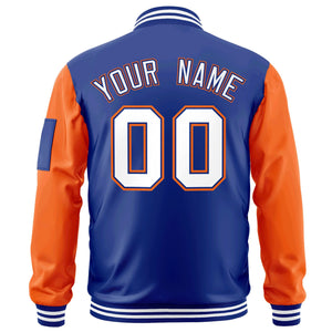 Custom Royal White-Orange Varsity Full-Zip Raglan Sleeves Letterman Bomber Jacket