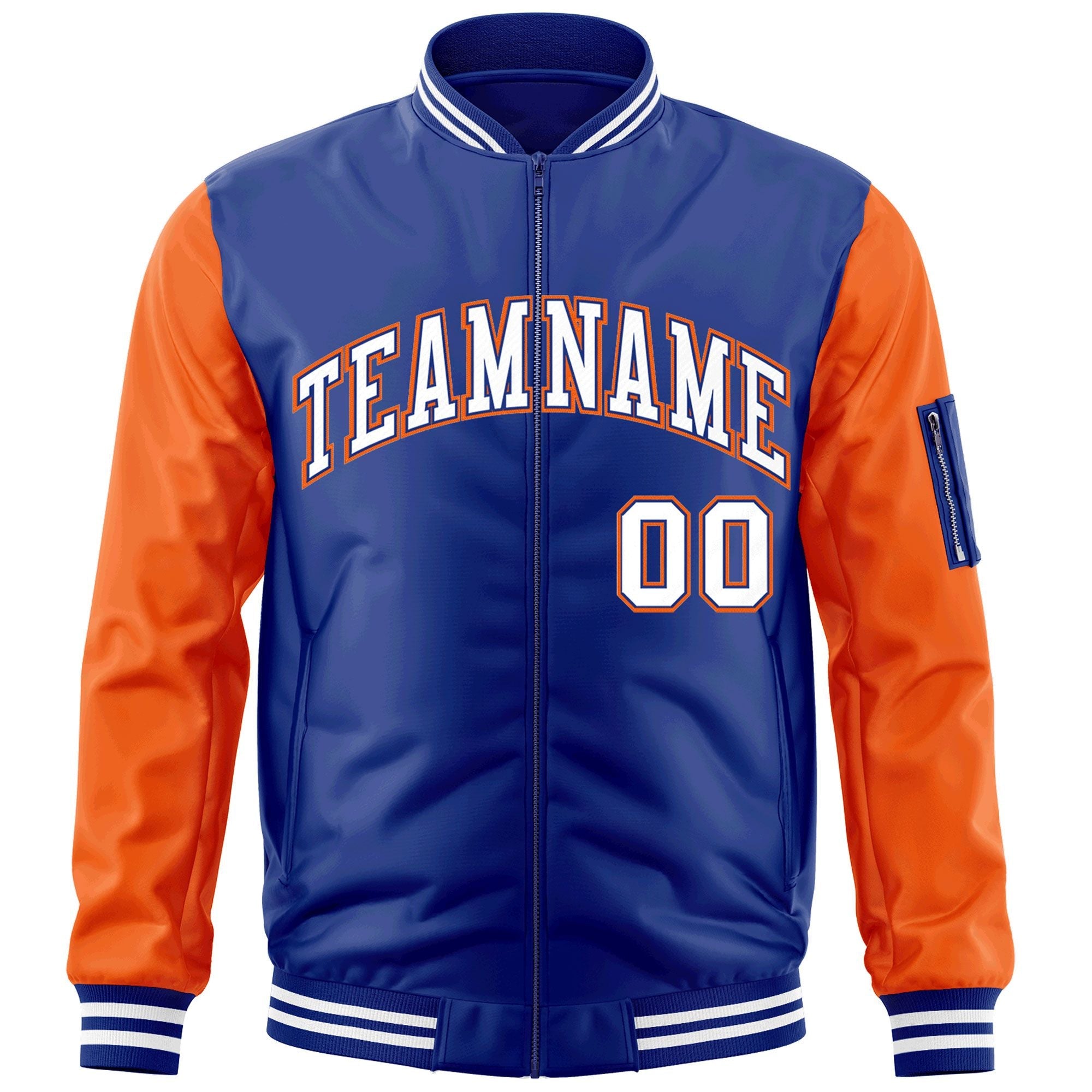 Custom Royal White-Orange Varsity Full-Zip Raglan Sleeves Letterman Bomber Jacket