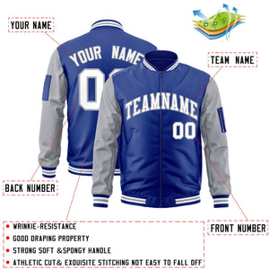 Custom Royal White-Gray Varsity Full-Zip Raglan Sleeves Letterman Bomber Jacket