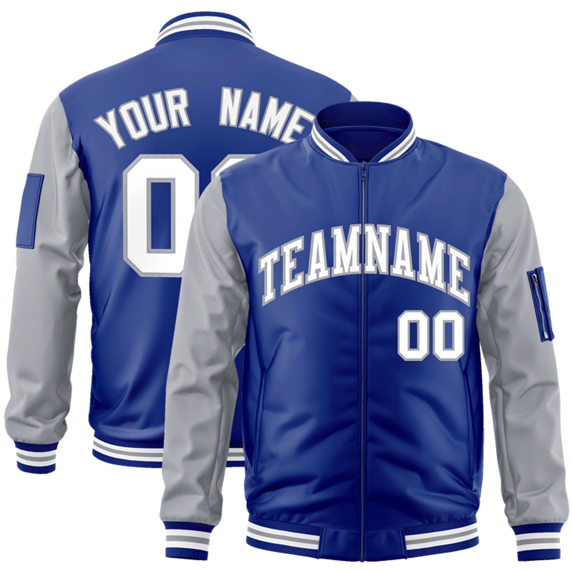 Custom Royal White-Gray Varsity Full-Zip Raglan Sleeves Letterman Bomber Jacket