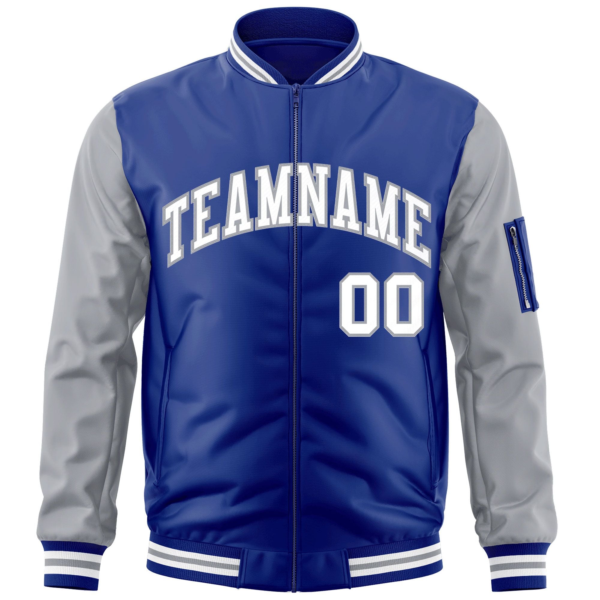 Custom Royal White-Gray Varsity Full-Zip Raglan Sleeves Letterman Bomber Jacket