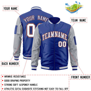 Custom Royal White-Gray Varsity Full-Zip Raglan Sleeves Letterman Bomber Jacket