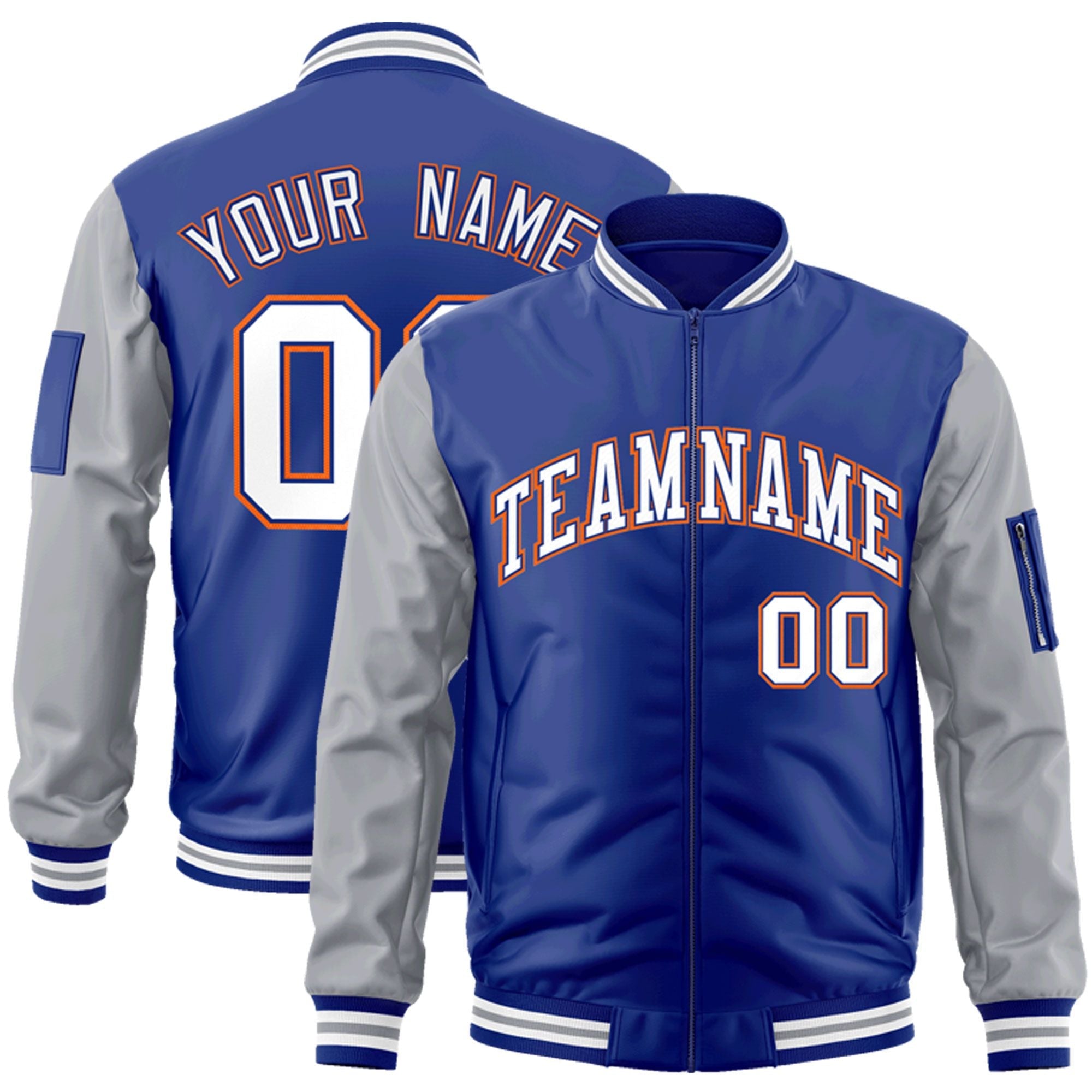 Custom Royal White-Gray Varsity Full-Zip Raglan Sleeves Letterman Bomber Jacket