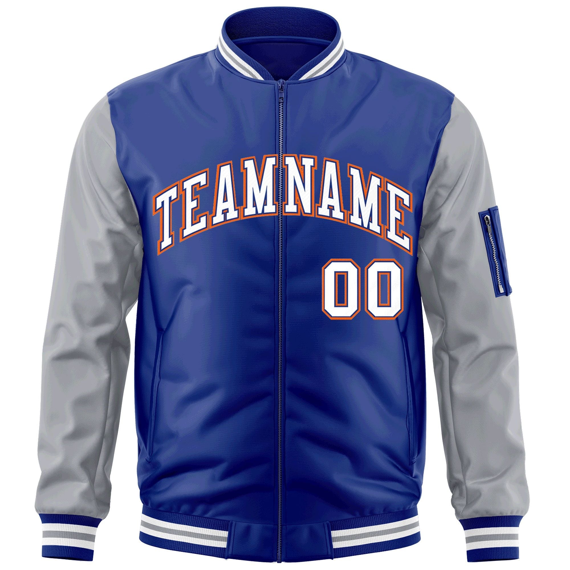 Custom Royal White-Gray Varsity Full-Zip Raglan Sleeves Letterman Bomber Jacket