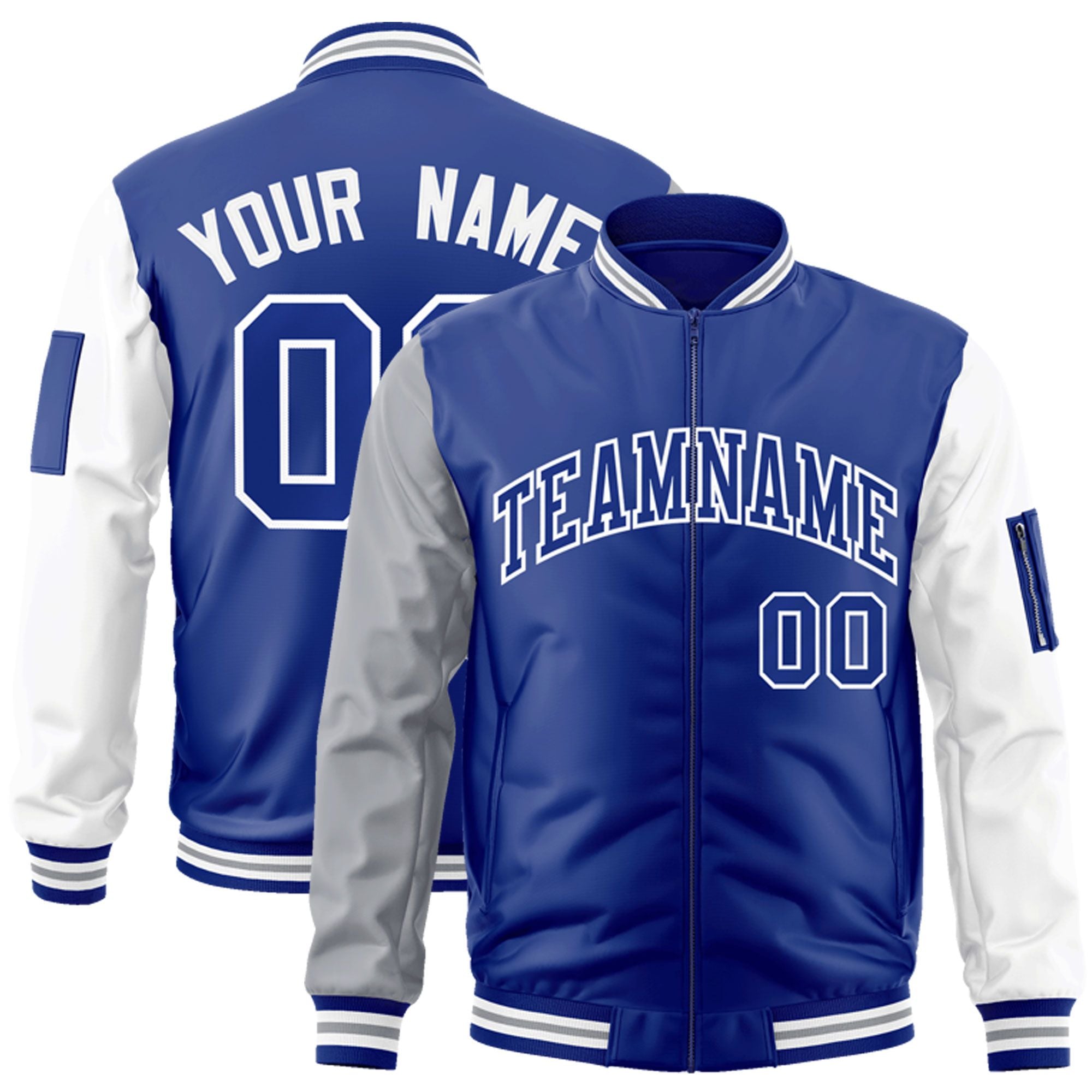 Custom Royal White-Gray Varsity Full-Zip Raglan Sleeves Letterman Bomber Jacket