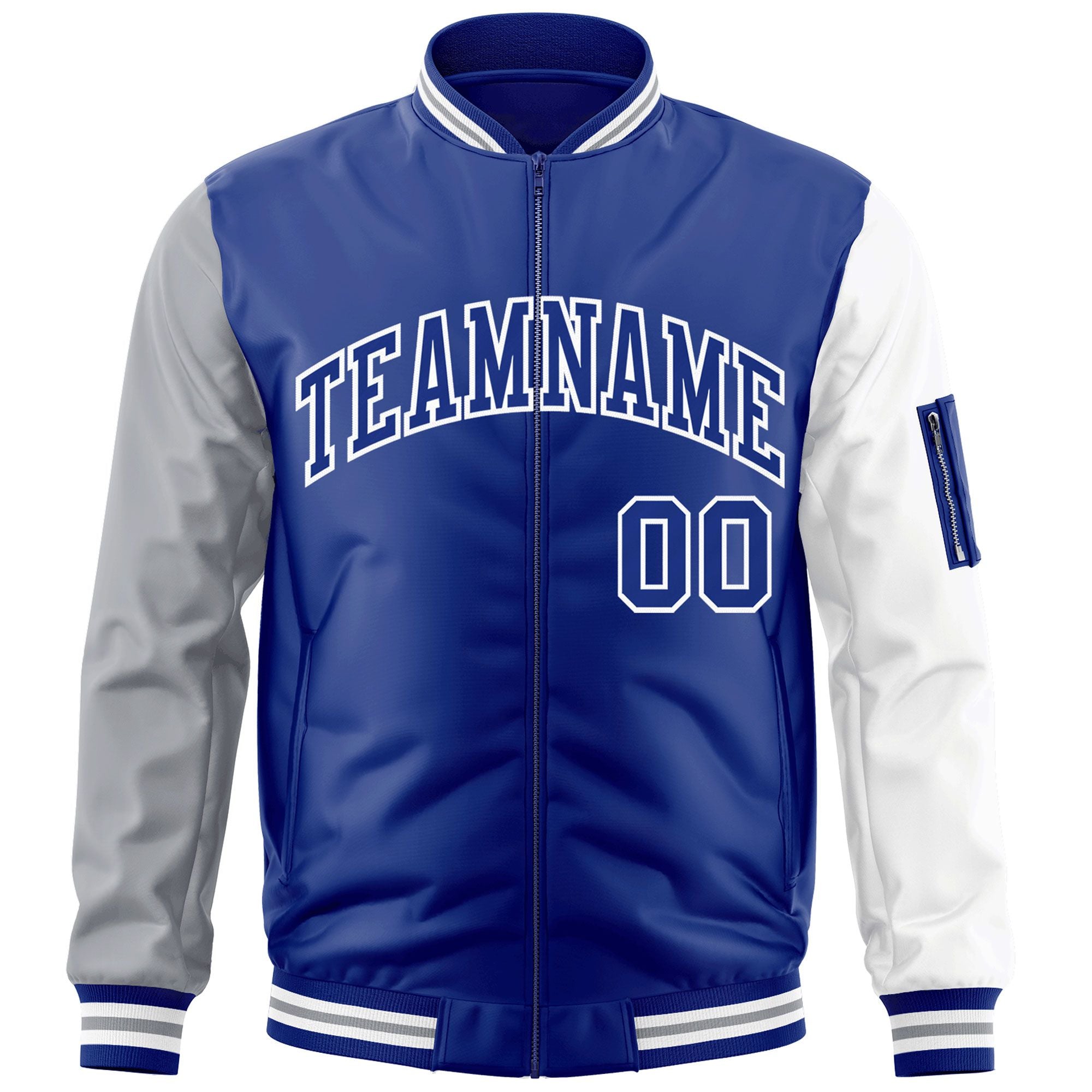 Custom Royal White-Gray Varsity Full-Zip Raglan Sleeves Letterman Bomber Jacket