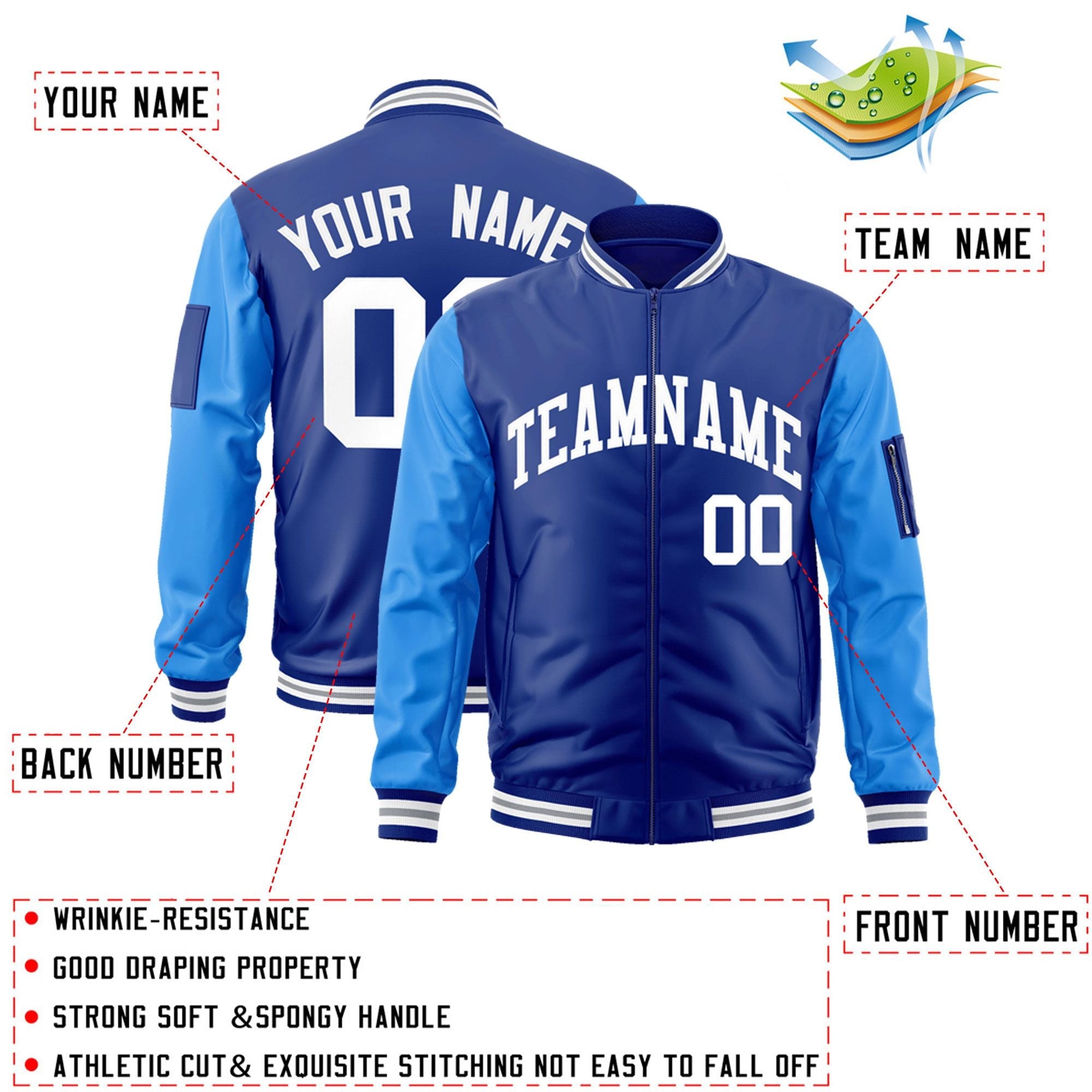 Custom Royal Powder Blue-White Varsity Full-Zip Raglan Sleeves Letterman Bomber Jacket