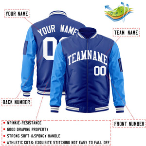 Custom Royal Powder Blue-White Varsity Full-Zip Raglan Sleeves Letterman Bomber Jacket