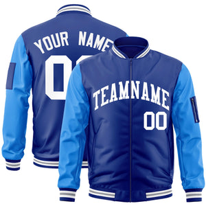 Custom Royal Powder Blue-White Varsity Full-Zip Raglan Sleeves Letterman Bomber Jacket