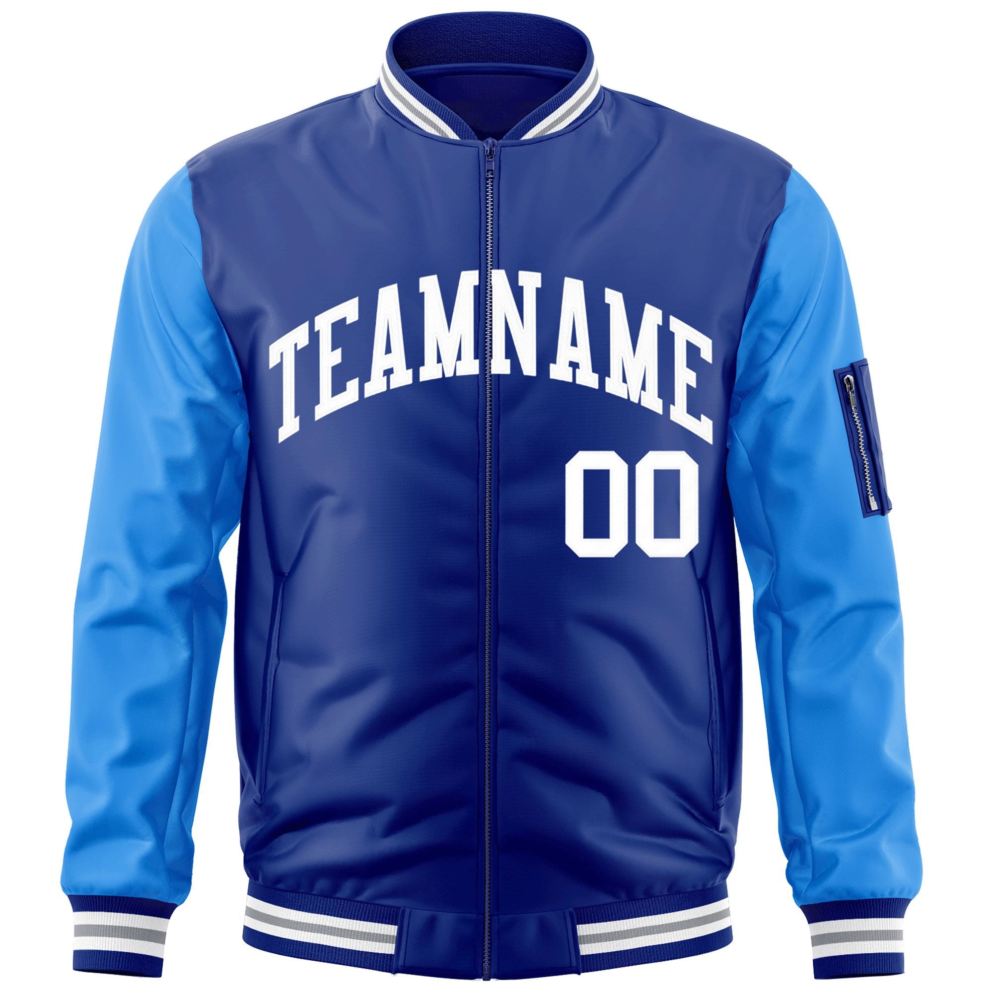 Custom Royal Powder Blue-White Varsity Full-Zip Raglan Sleeves Letterman Bomber Jacket