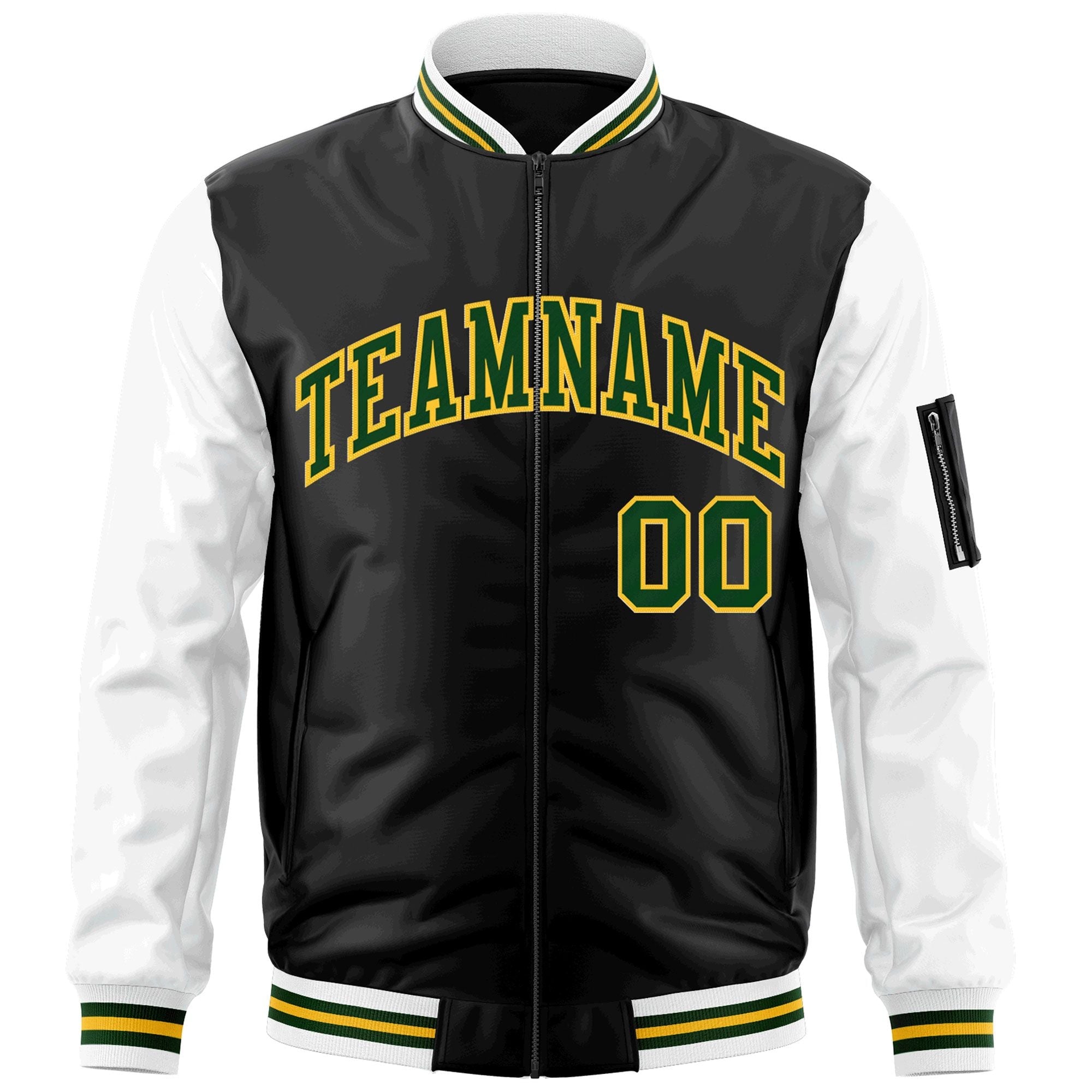 Custom Black White-Green Varsity Full-Zip Raglan Sleeves Letterman Bomber Jacket