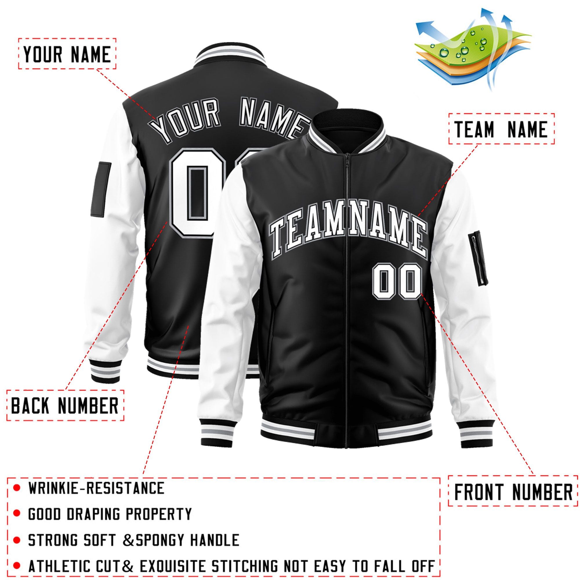 Custom Black White-Gray Varsity Full-Zip Raglan Sleeves Letterman Bomber Jacket