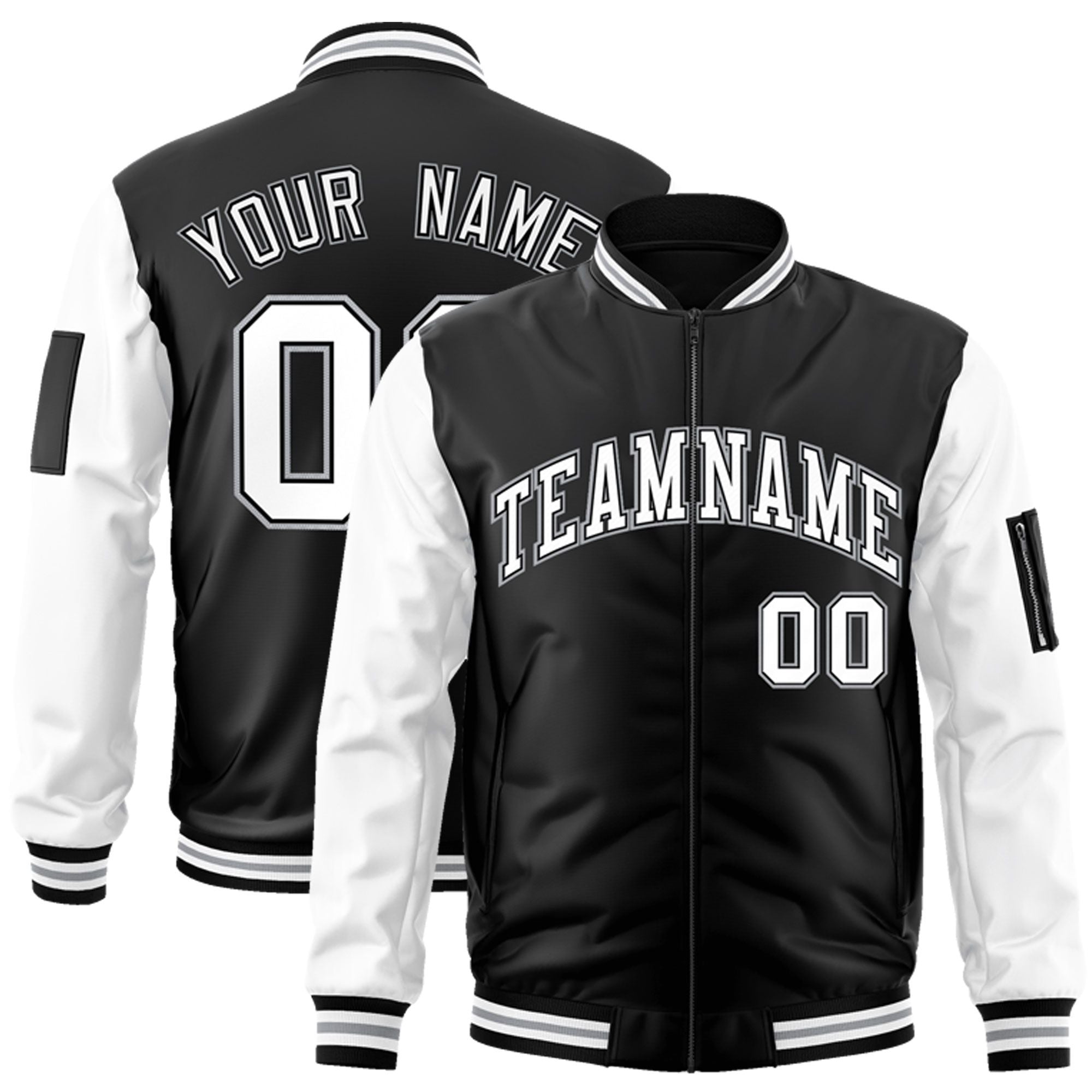 Custom Black White-Gray Varsity Full-Zip Raglan Sleeves Letterman Bomber Jacket