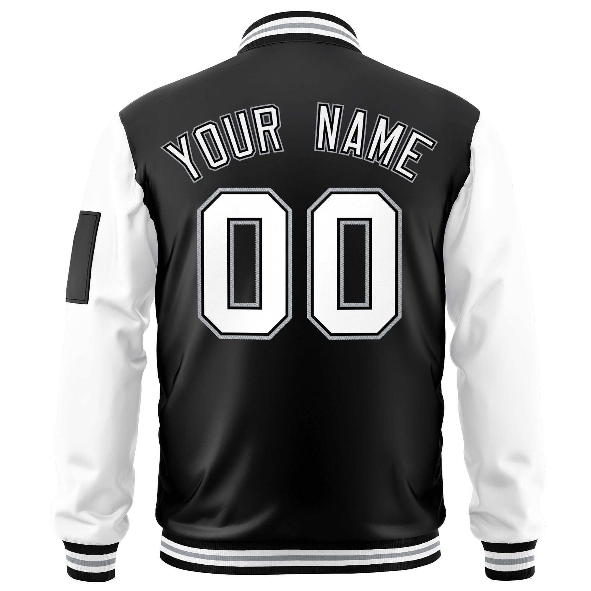 Custom Black White-Gray Varsity Full-Zip Raglan Sleeves Letterman Bomber Jacket