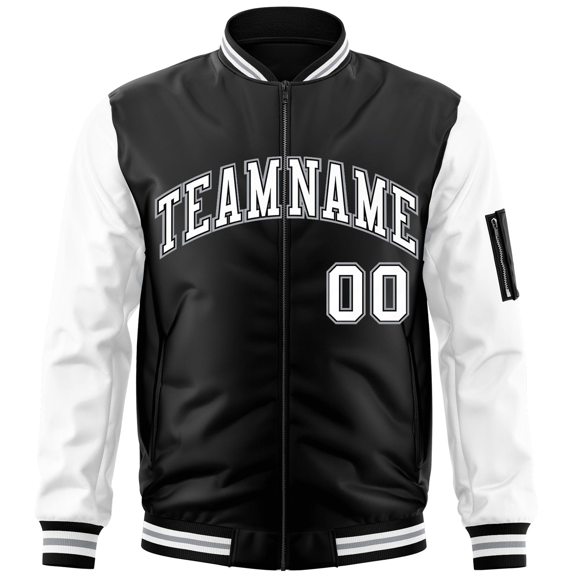 Custom Black White-Gray Varsity Full-Zip Raglan Sleeves Letterman Bomber Jacket