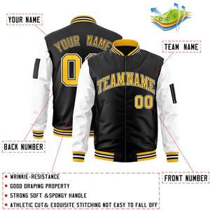 Custom Black White-Gold Varsity Full-Zip Raglan Sleeves Letterman Bomber Jacket