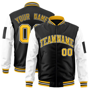 Custom Black White-Gold Varsity Full-Zip Raglan Sleeves Letterman Bomber Jacket