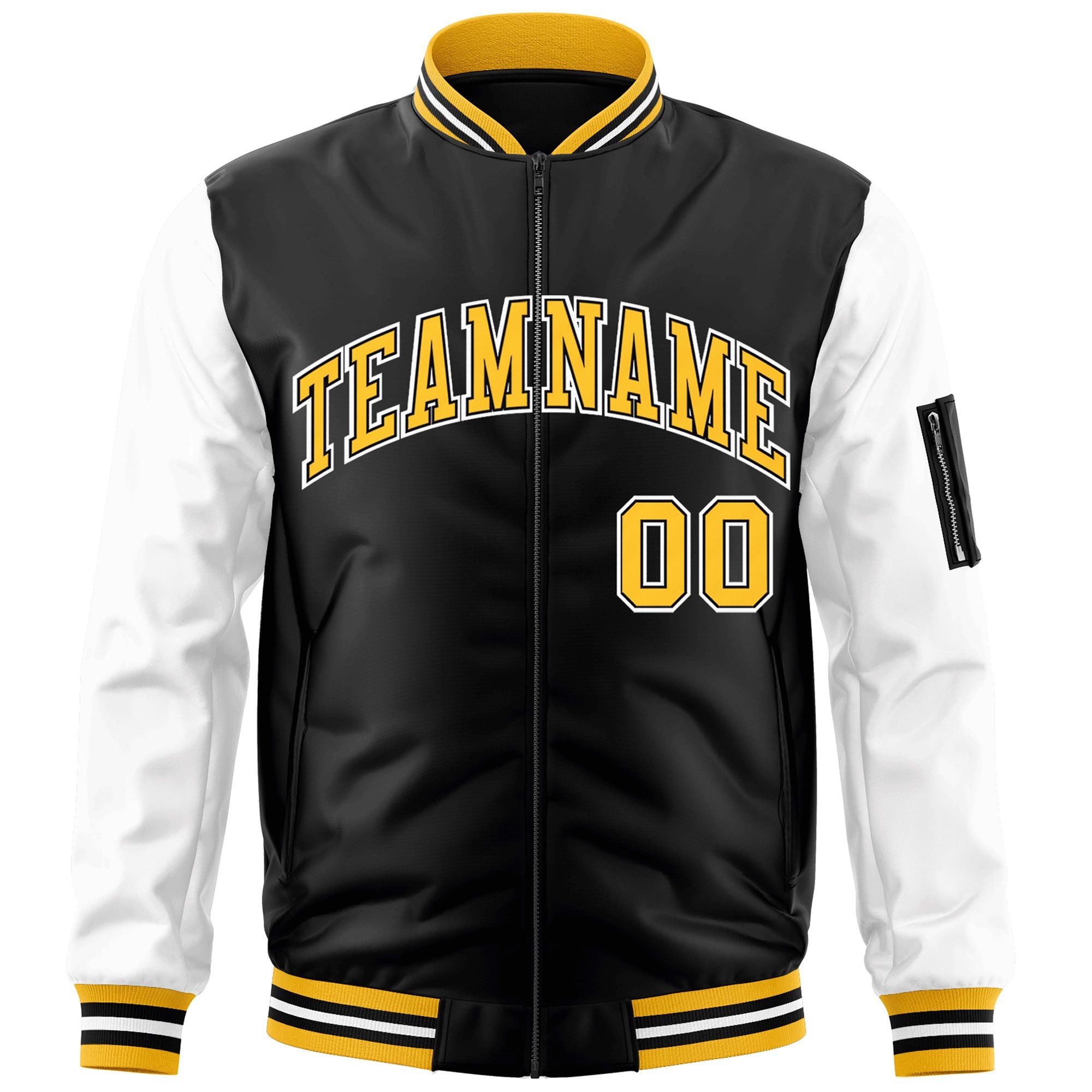 Custom Black White-Gold Varsity Full-Zip Raglan Sleeves Letterman Bomber Jacket