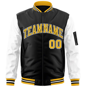 Custom Black White-Gold Varsity Full-Zip Raglan Sleeves Letterman Bomber Jacket