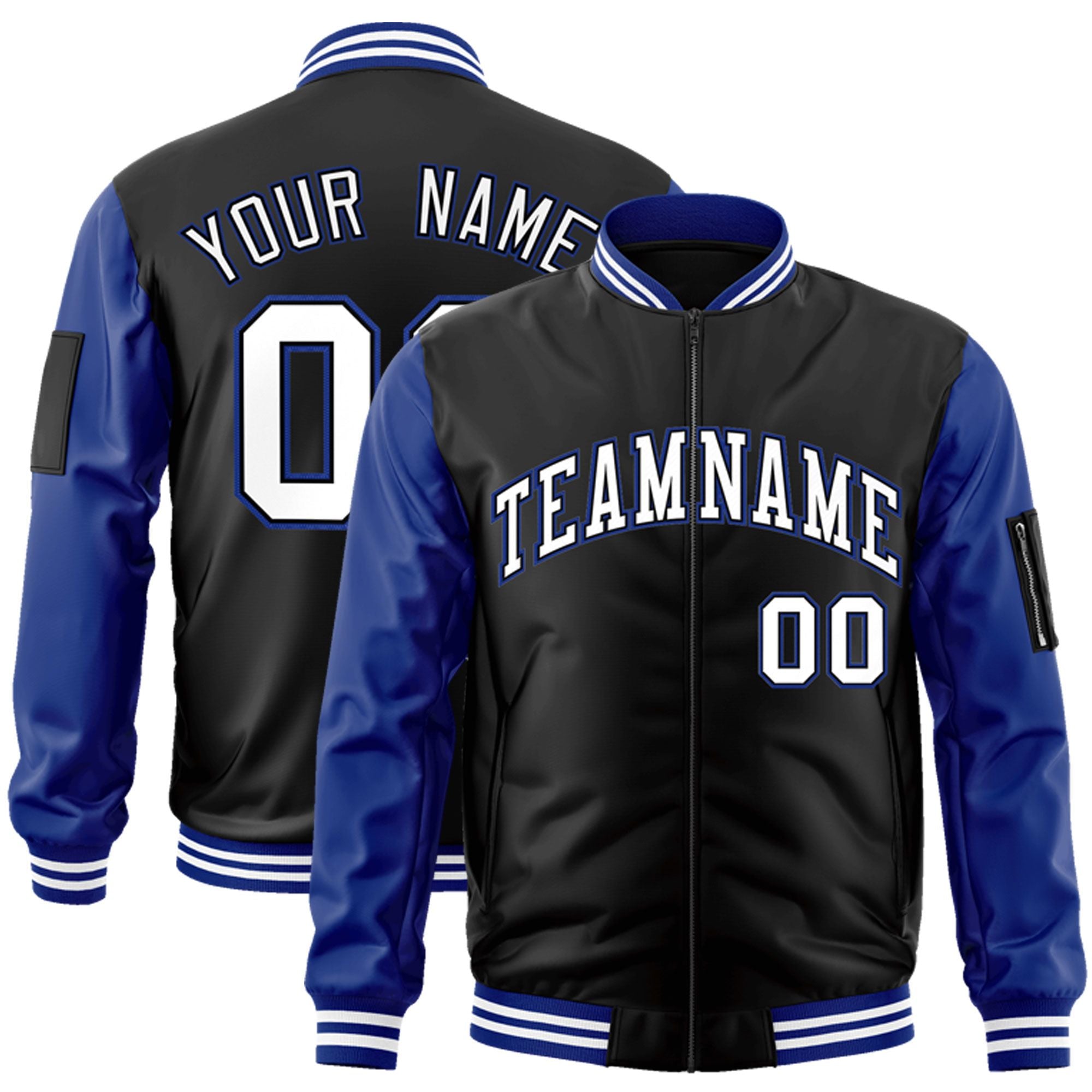 Custom Black White-Royal Varsity Full-Zip Raglan Sleeves Letterman Bomber Jacket