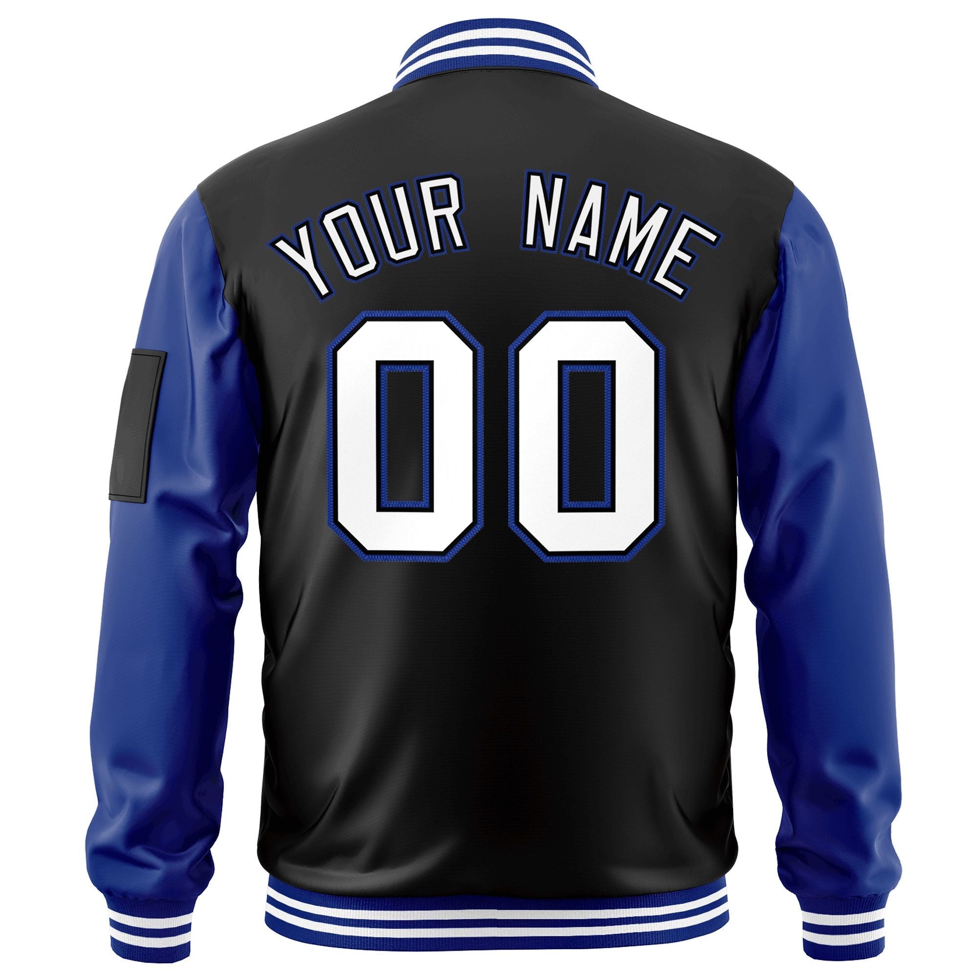 Custom Black White-Royal Varsity Full-Zip Raglan Sleeves Letterman Bomber Jacket