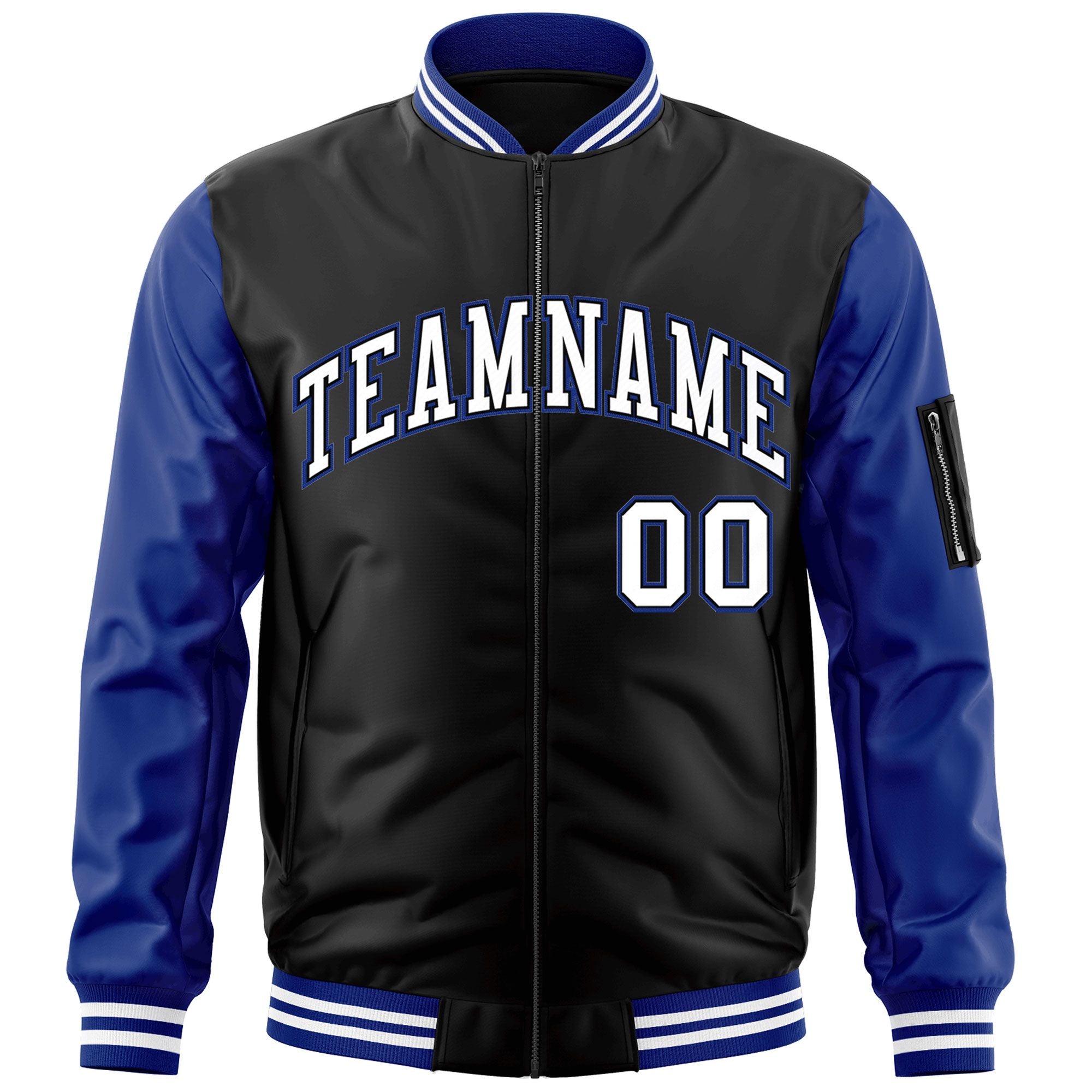 Custom Black White-Royal Varsity Full-Zip Raglan Sleeves Letterman Bomber Jacket