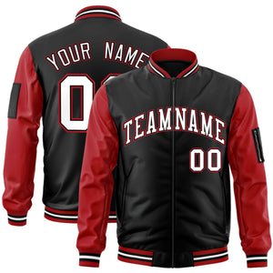 Custom Black Red-White Varsity Full-Zip Raglan Sleeves Letterman Bomber Jacket