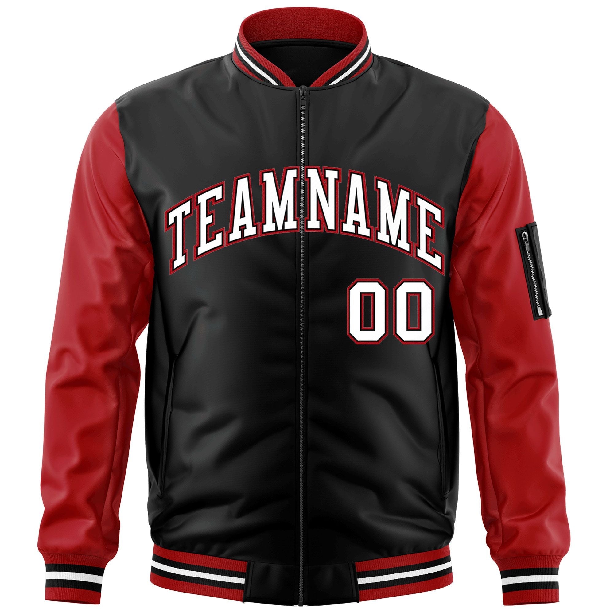 Custom Black Red-White Varsity Full-Zip Raglan Sleeves Letterman Bomber Jacket