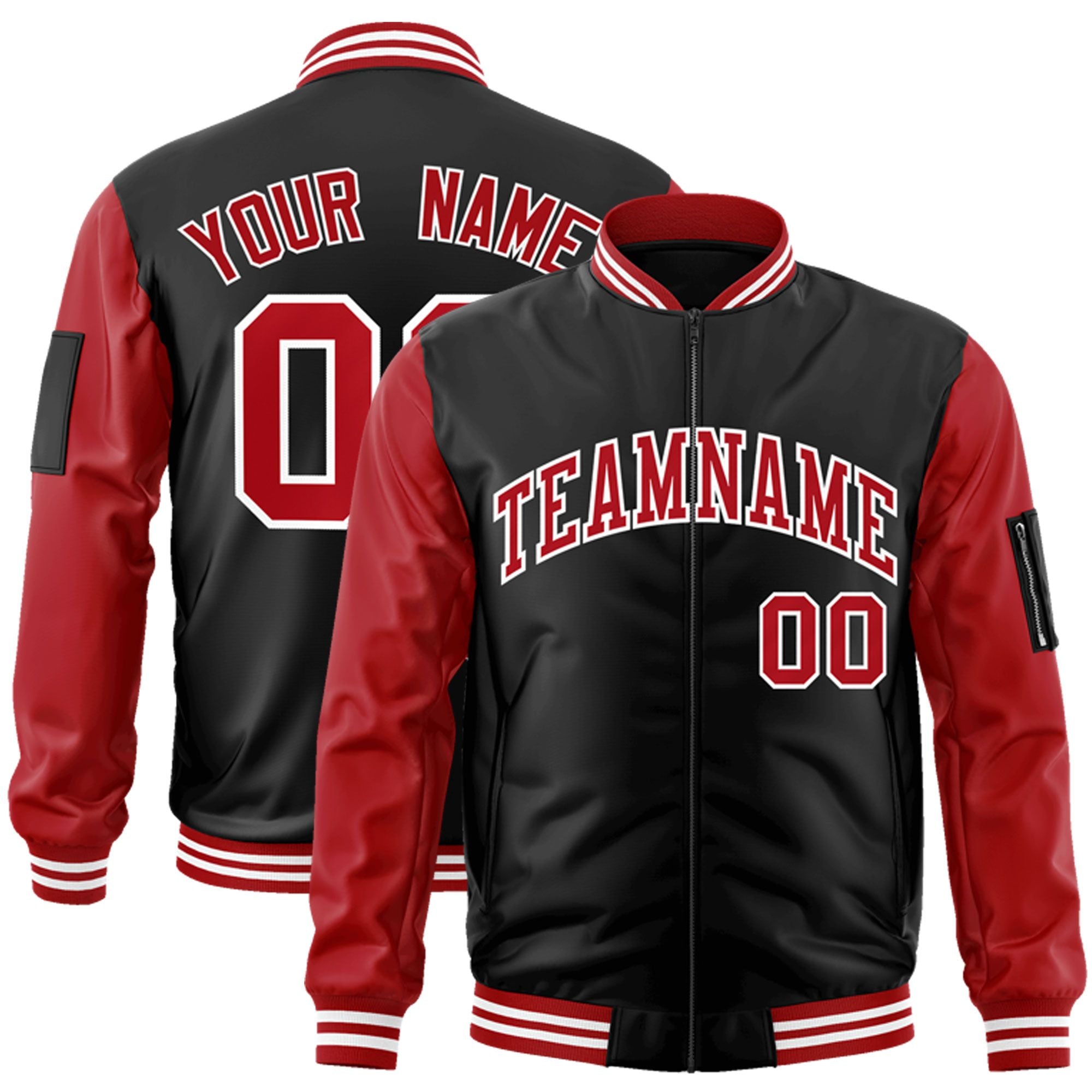 Custom Black Red-White Varsity Full-Zip Raglan Sleeves Letterman Bomber Jacket