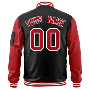 Custom Black Red-White Varsity Full-Zip Raglan Sleeves Letterman Bomber Jacket