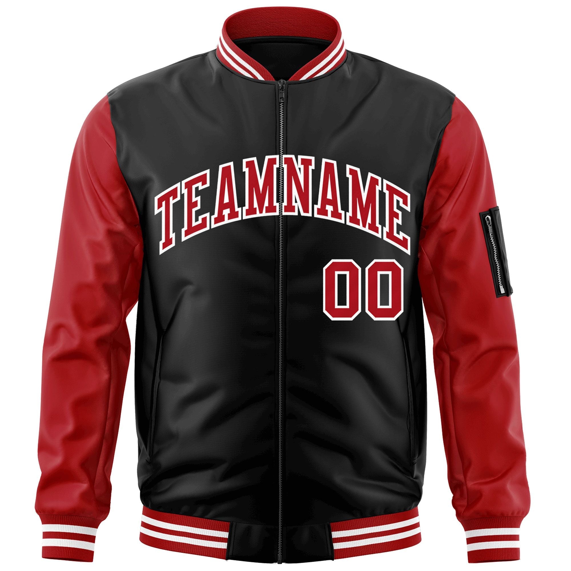 Custom Black Red-White Varsity Full-Zip Raglan Sleeves Letterman Bomber Jacket