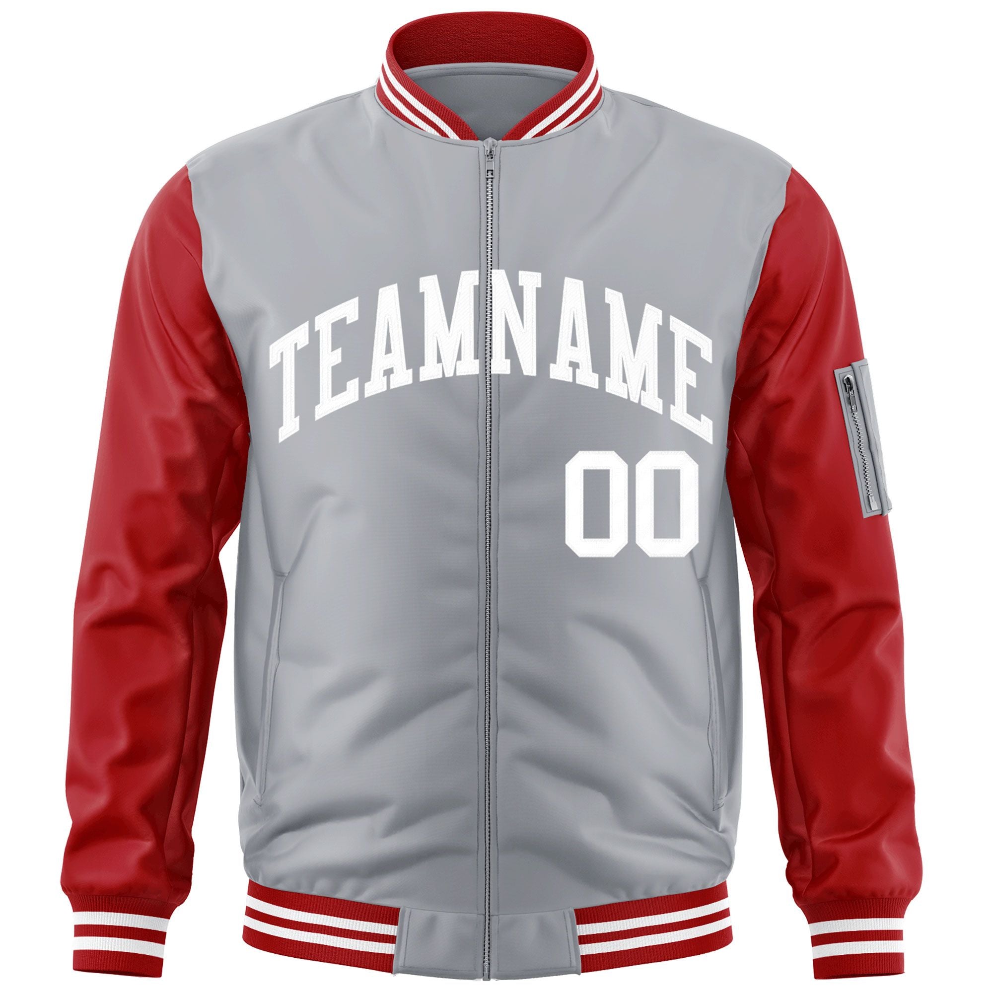 Custom Gray Red-White Varsity Full-Zip Raglan Sleeves Letterman Bomber Jacket