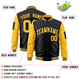 Custom Black Gold Varsity Full-Zip Raglan Sleeves Letterman Bomber Jacket