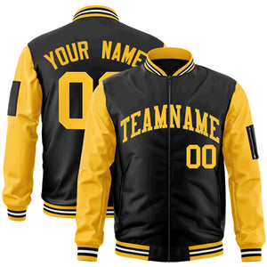 Custom Black Gold Varsity Full-Zip Raglan Sleeves Letterman Bomber Jacket