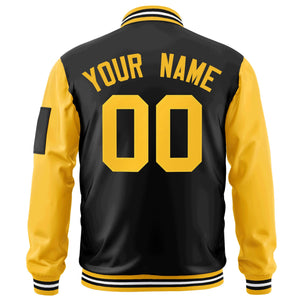 Custom Black Gold Varsity Full-Zip Raglan Sleeves Letterman Bomber Jacket